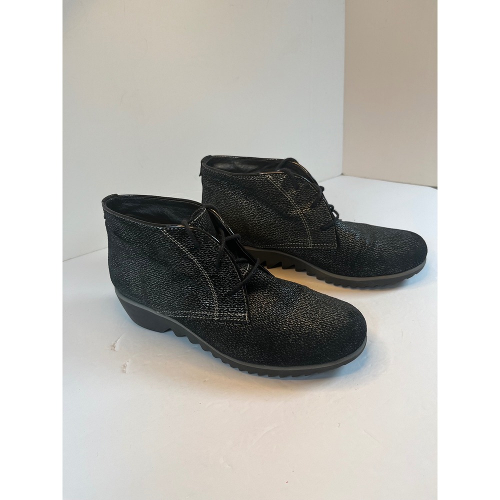 Wolky Ankle Boots Wedge Black Silver Metallic Textured Leather Womens 40 US 9